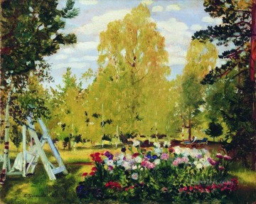 Jardín Painting - Paisaje con un macizo de flores 1917 Boris Mikhailovich Kustodiev paisaje de jardín